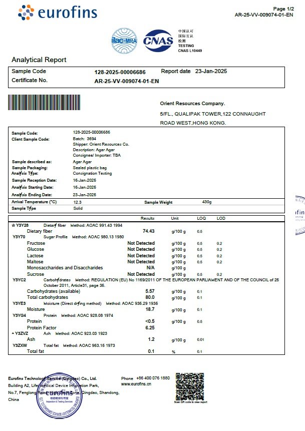 Eurofins Agar Nutrition Lab Test Report — 2025
