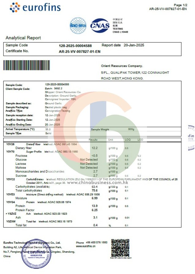 Dehydrated Garlic Nutrition Lab Test Report — 2025