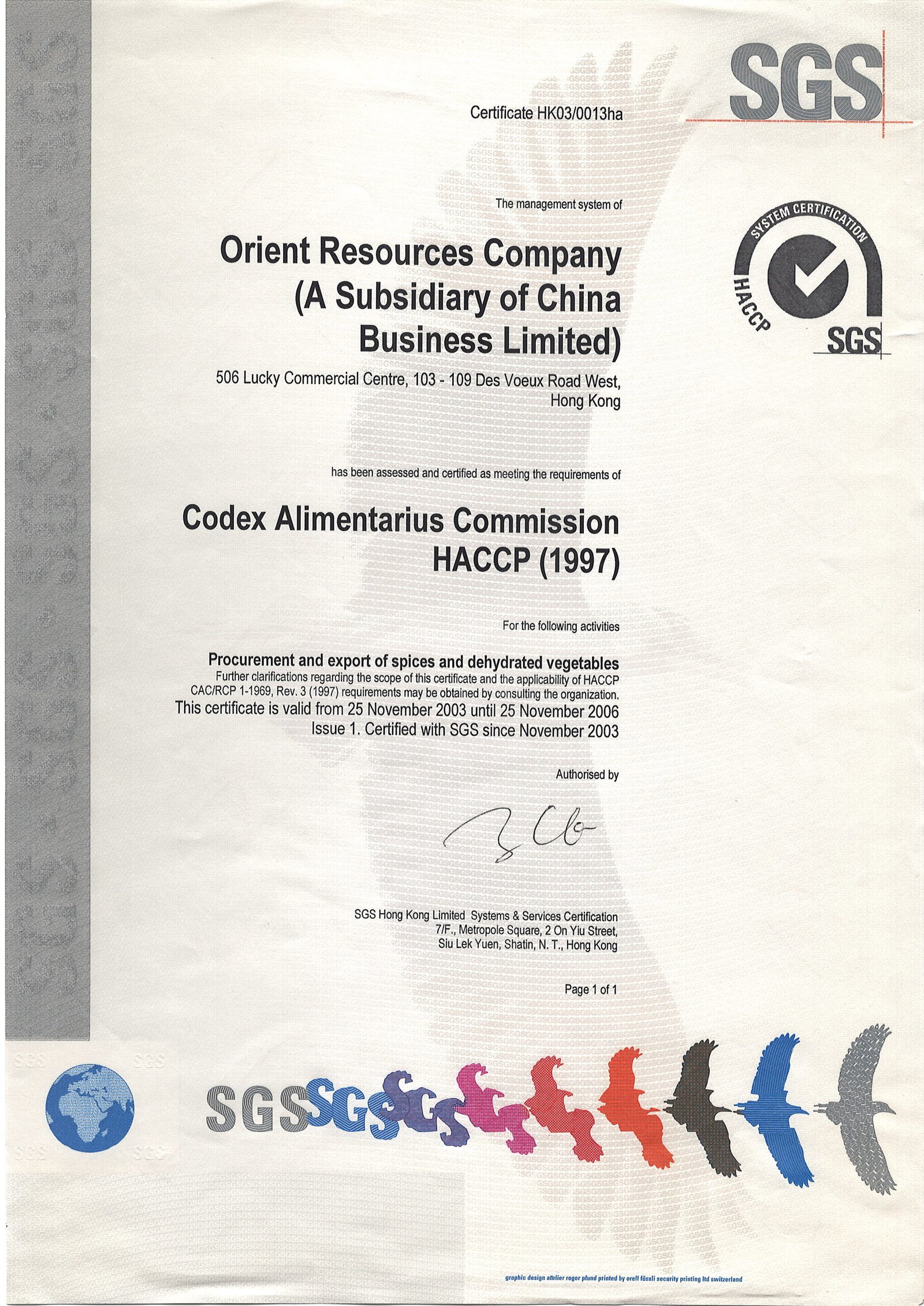 HACCP certification 2003 — SGS, Orient Resources Company (subsidiary of China Business Limited)