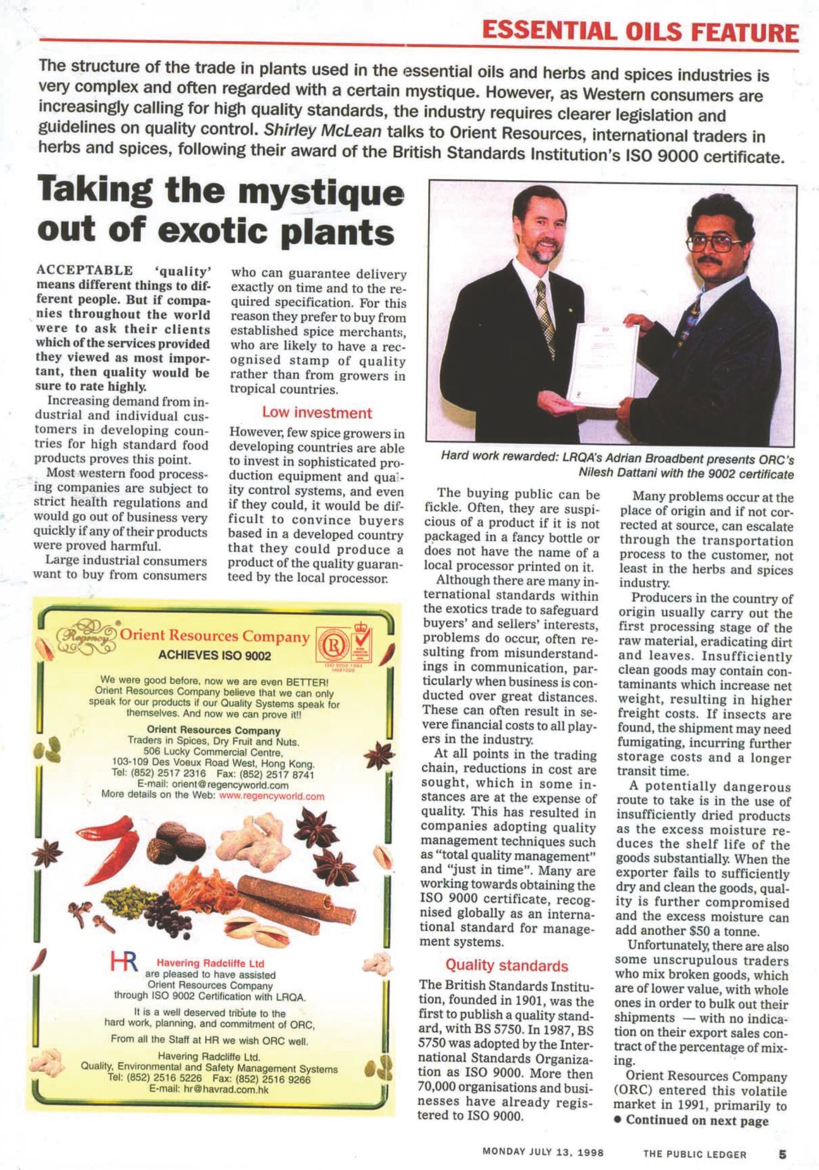 China Business Limited receiving its first ISO 9001 certificate from LRQA, July 1998