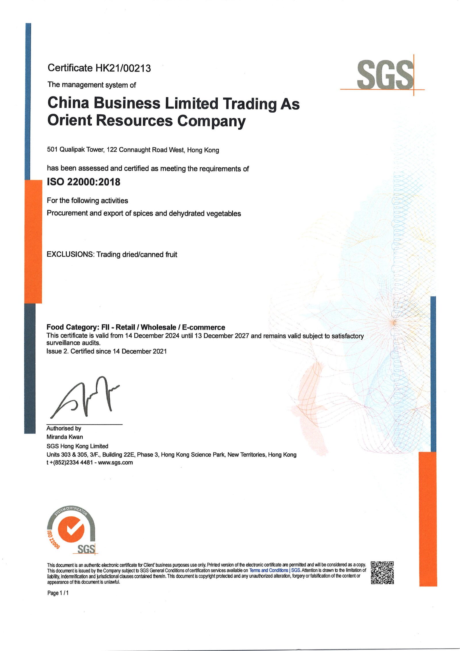 China Business Limited ISO 22000:2018 Certificate — issued by SGS Hong Kong